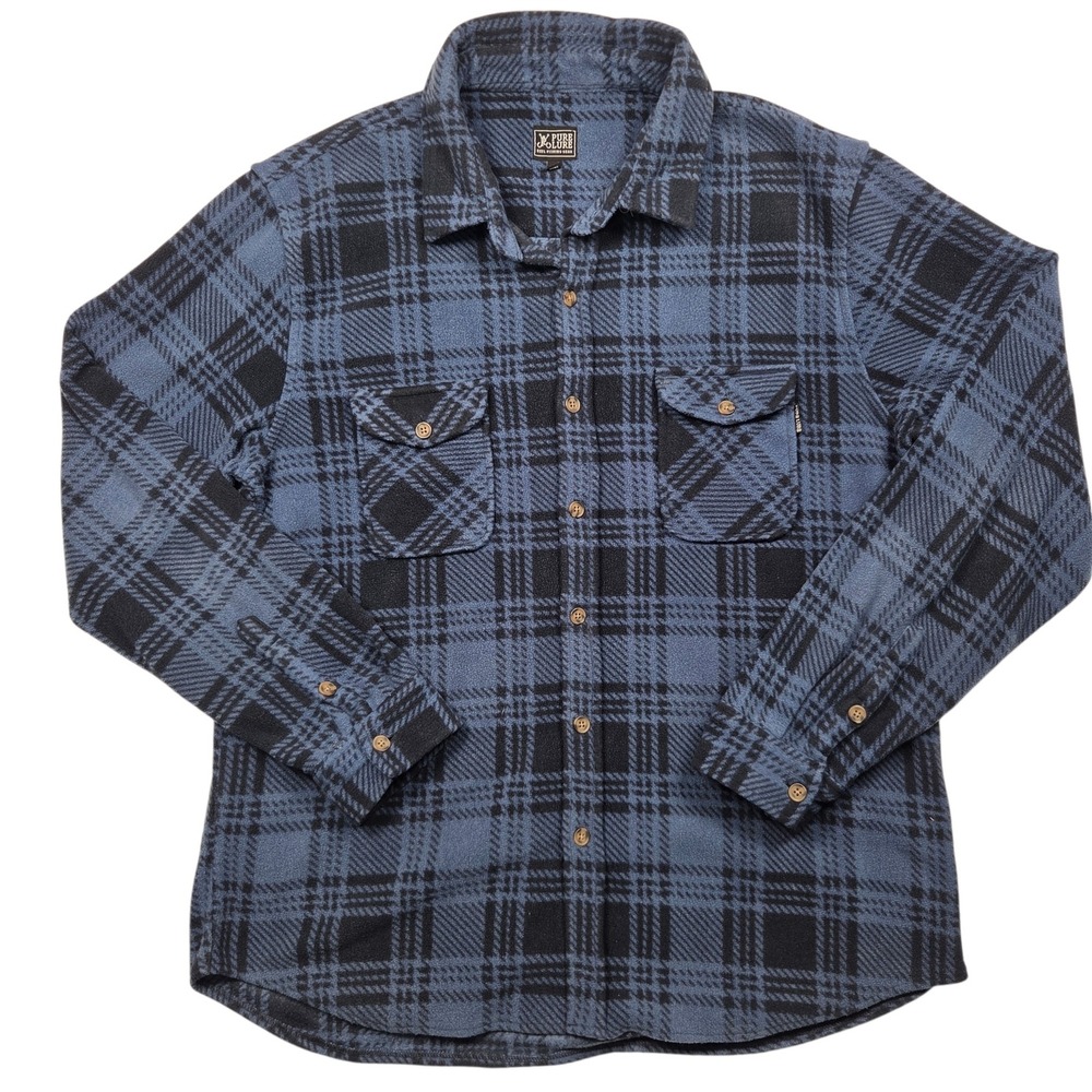 Pure Lure Fleece Flannel Shirt Mens L Blue Black Plaid Button Up Fishing Gear